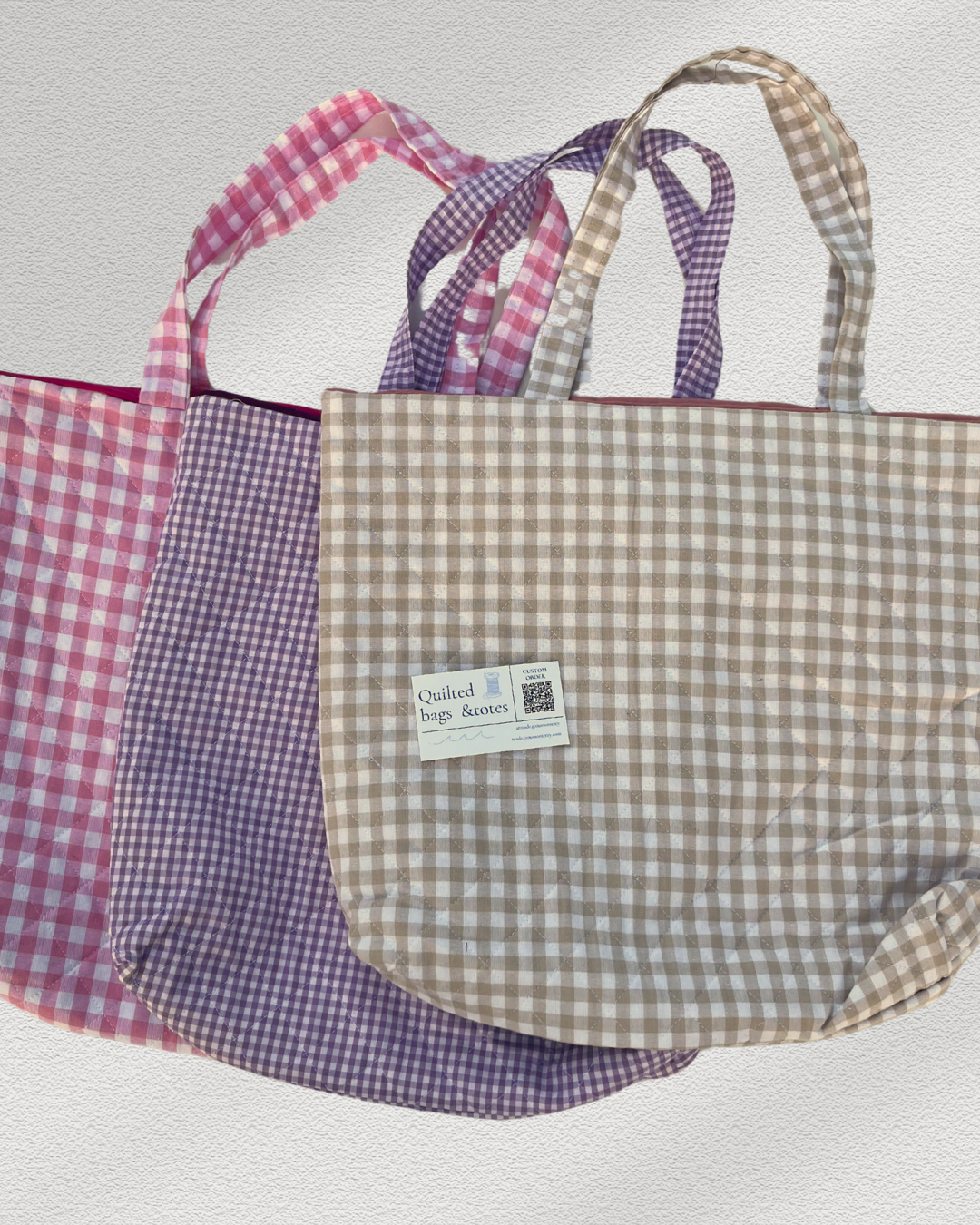 Tan & Pink Gingham Tote Bag