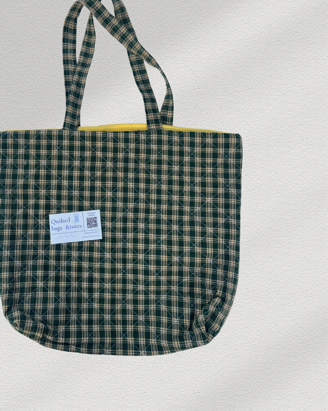 Green and Butter yellow Gingham Tote Bag