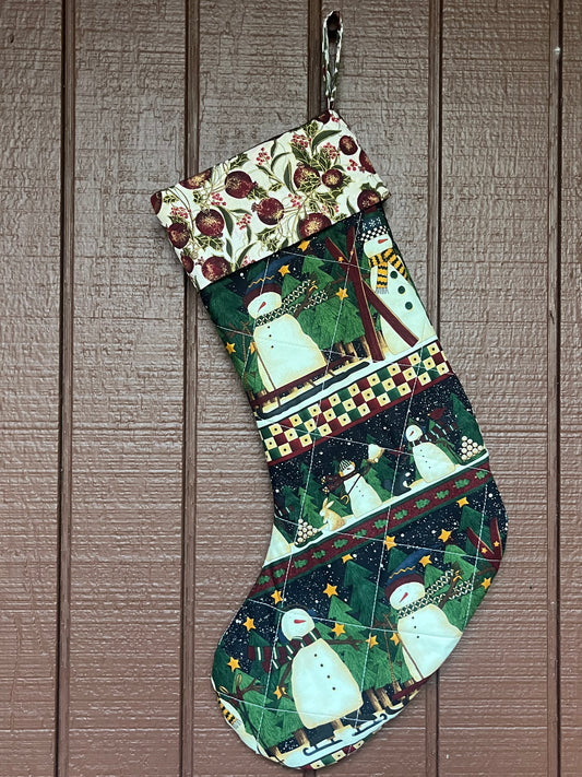 Pomegranate and Snowmen- Vintage Christmas Stocking